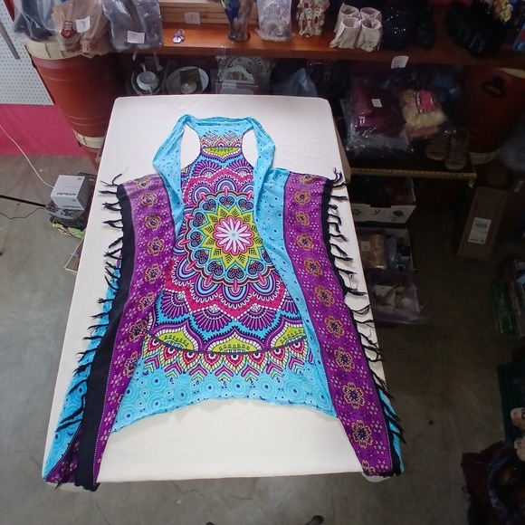 Mandala Kimono Beach Cover-Up Fringe Boho Hippy Multicolor Icy Blue One Size - Picture 12 of 13